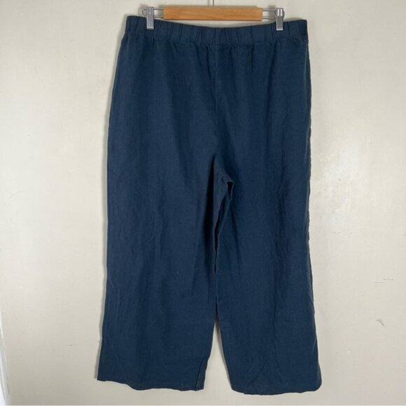 Felina Blue wide leg cropped Linen Cotton Blend Pull On Pant Lagenlook SZ Large - Picture 2 of 12